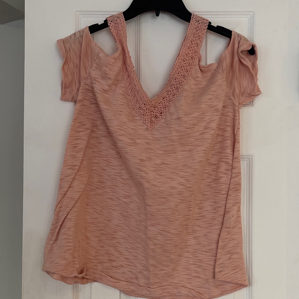New York & Company Women's Pink Crochet Trim Cold-Shoulder Top